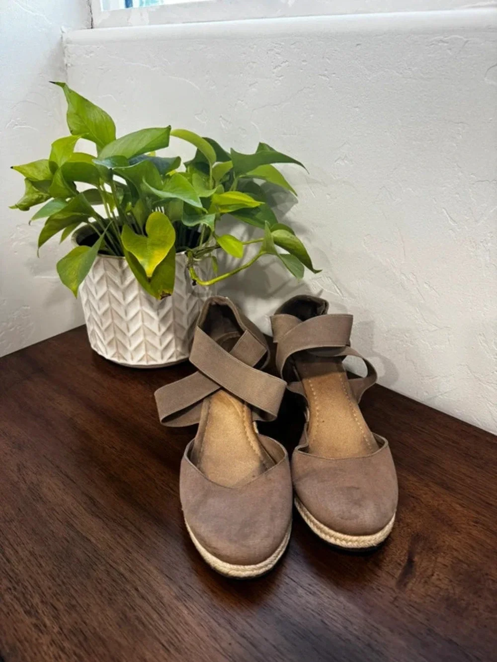 Women’s Taupe Suede Strappy Slip-On Flats Comfort Almond Toe